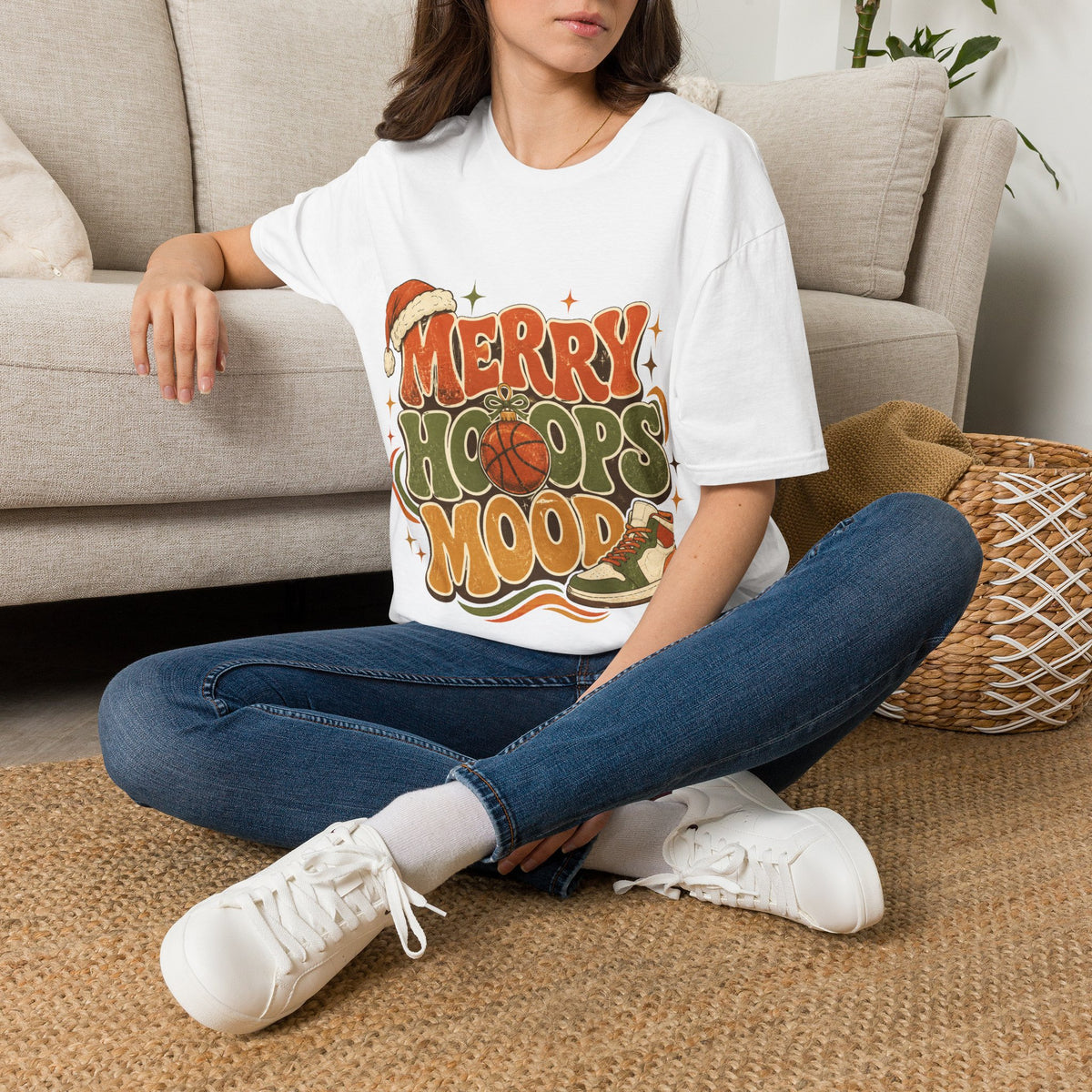Merry Hoops Mood T-Shirt — Retro Holiday Basketball Christmas Tee
