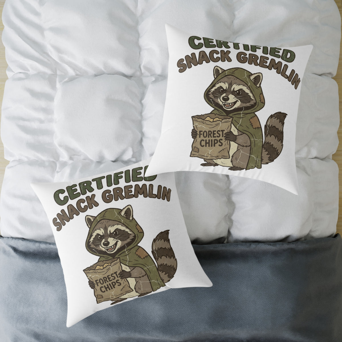 Funny Certified Snack Gremlin Raccoon Pillow — Cute Animal Snack Lover Throw Pillow