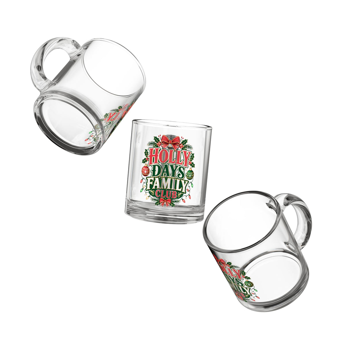 Christmas Glass Mug 10 oz Holly Days Family Club Glass Mug — 10oz Christmas Holiday Coffee Cup