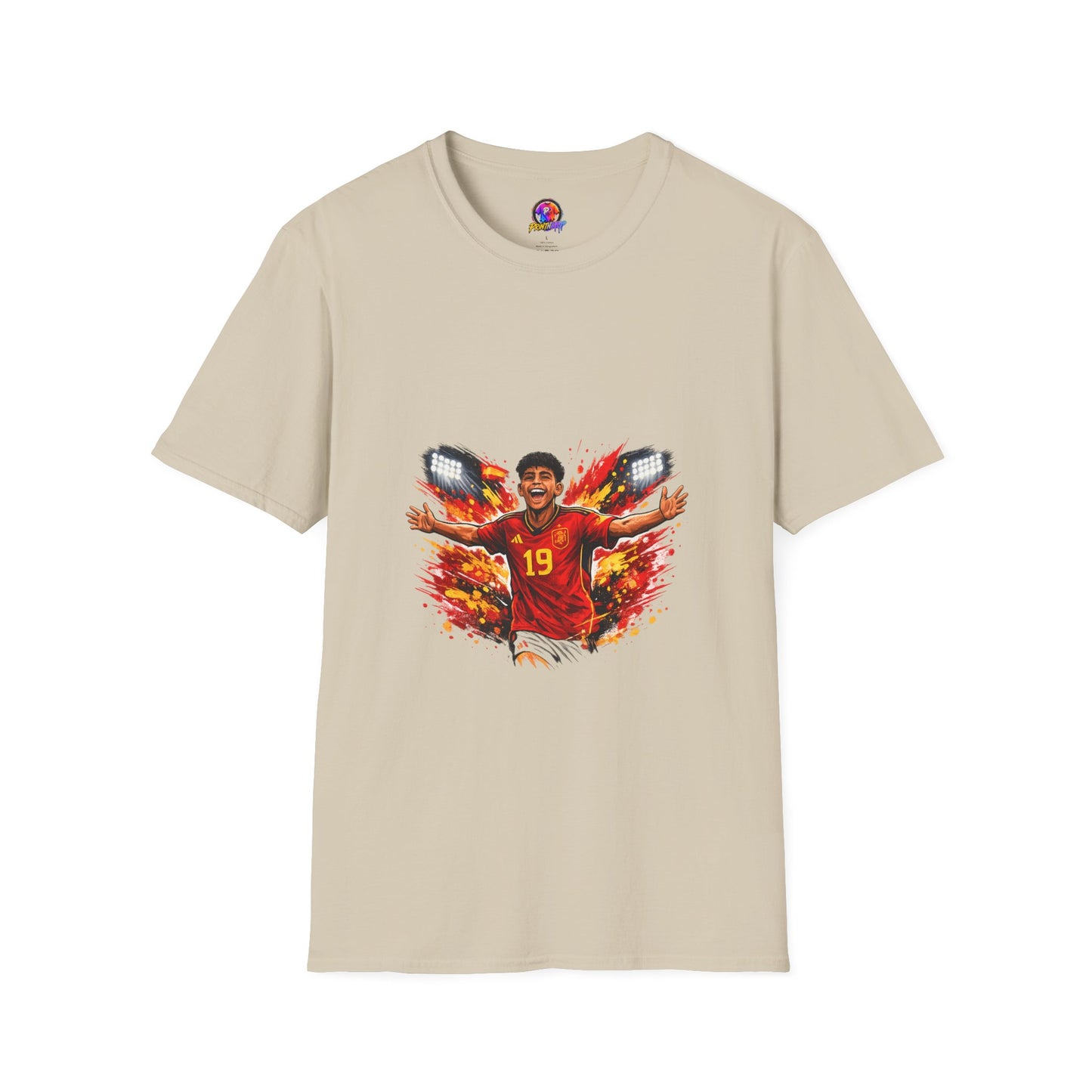 Spain Soccer Fan Portrait T‑Shirt – Fiery Goal Celebration Design
