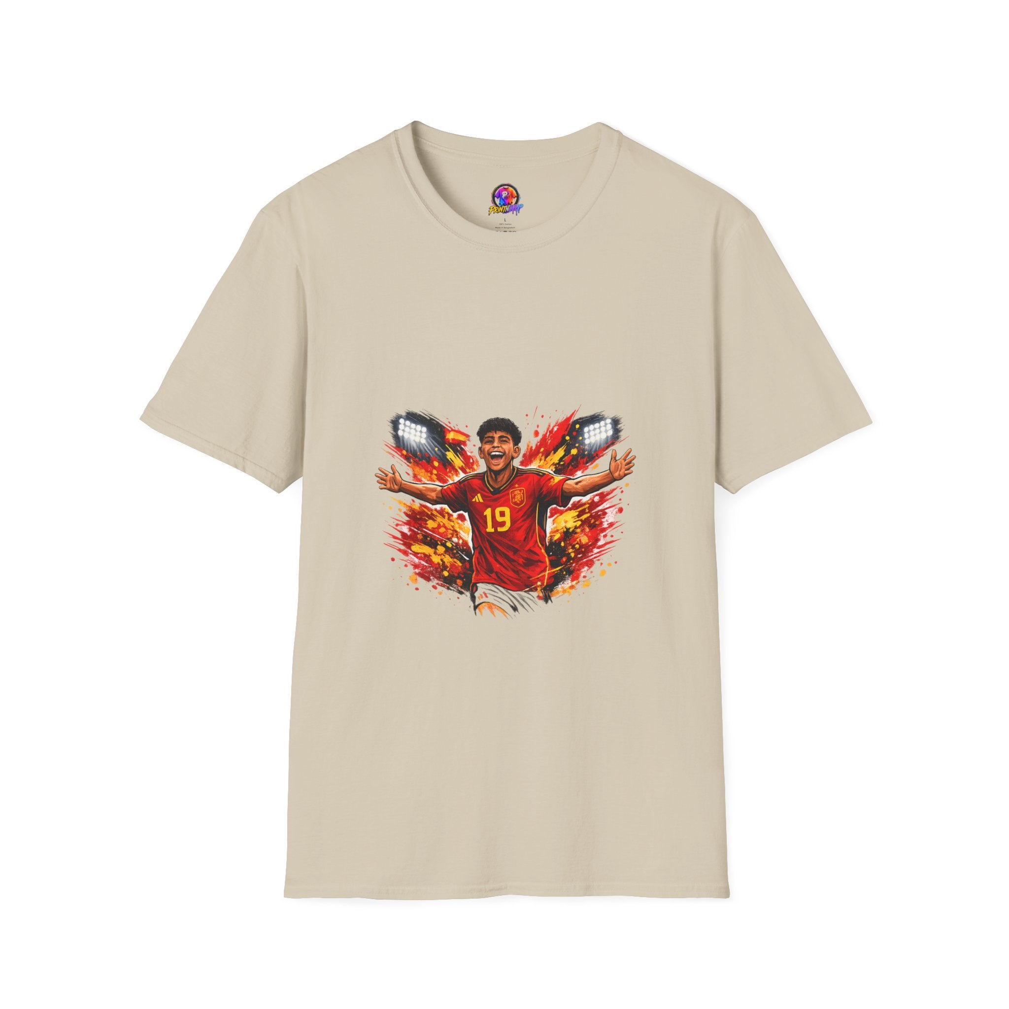 Spain Soccer Fan Portrait T‑Shirt – Fiery Goal Celebration Design