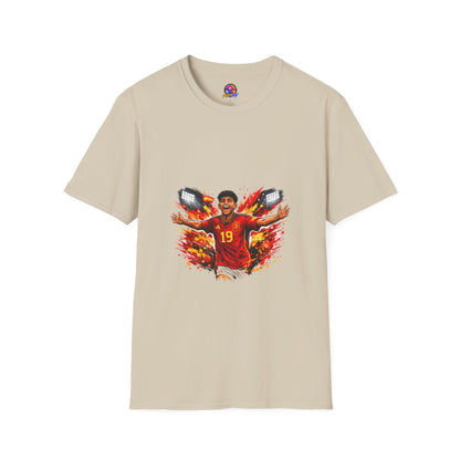 Spain Soccer Fan Portrait T‑Shirt – Fiery Goal Celebration Design