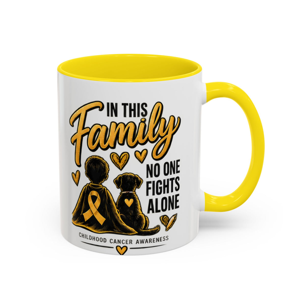 Childhood Cancer Awareness Accent Coffee Mug – "In This Family No One Fights Alone" (11/15oz)
