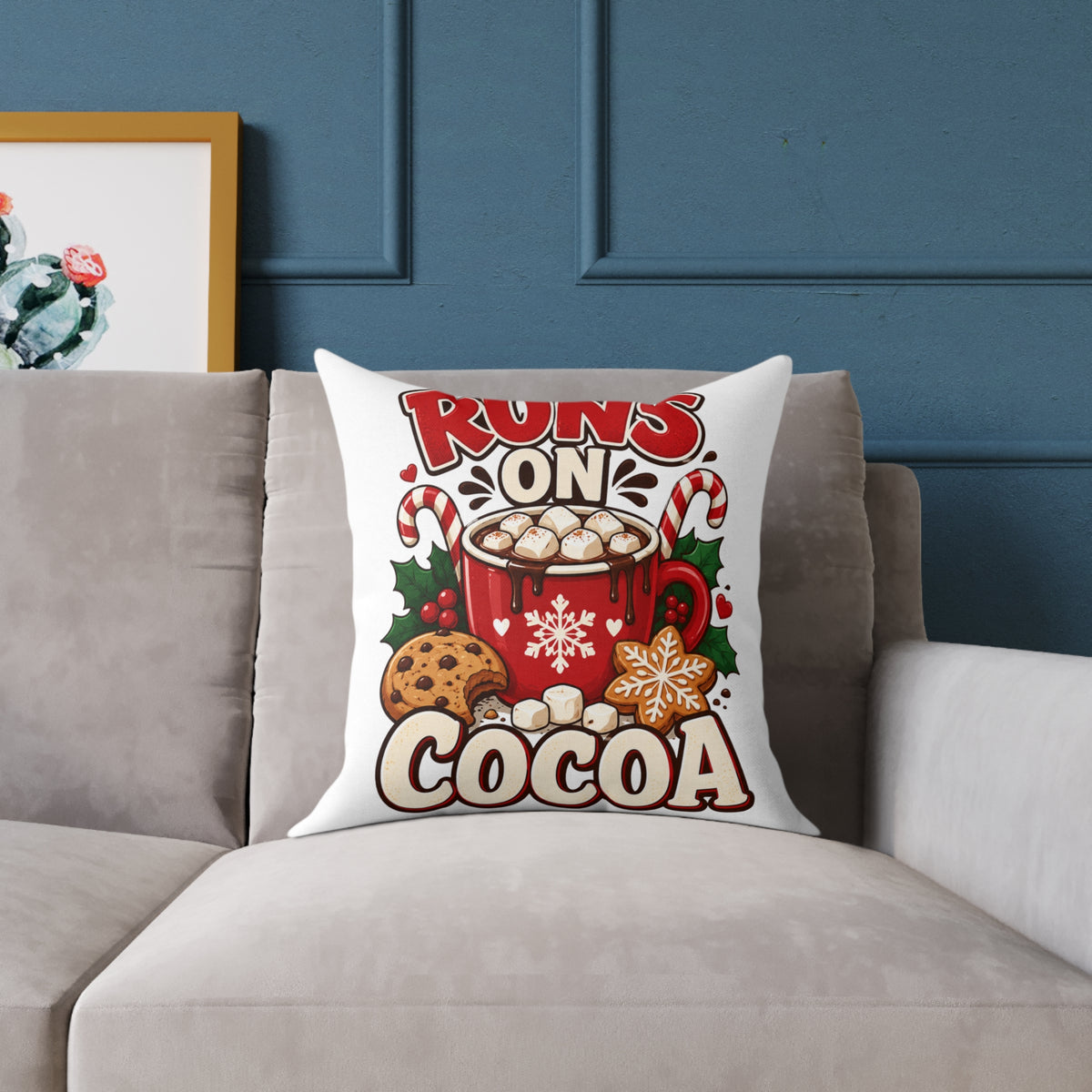 Christmas Square Pillow - "Runs on Cocoa" Holiday Hot Chocolate Decorative Throw Pillow