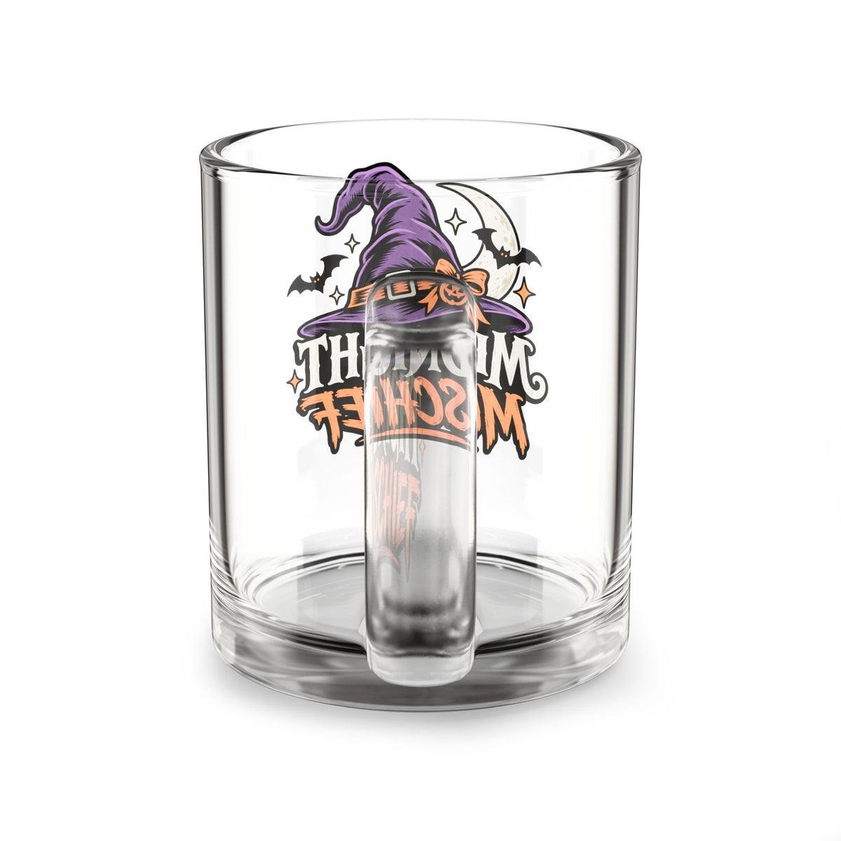 Midnight Mischief Halloween Glass Mug — 10oz Witch Hat & Bats Coffee Cup