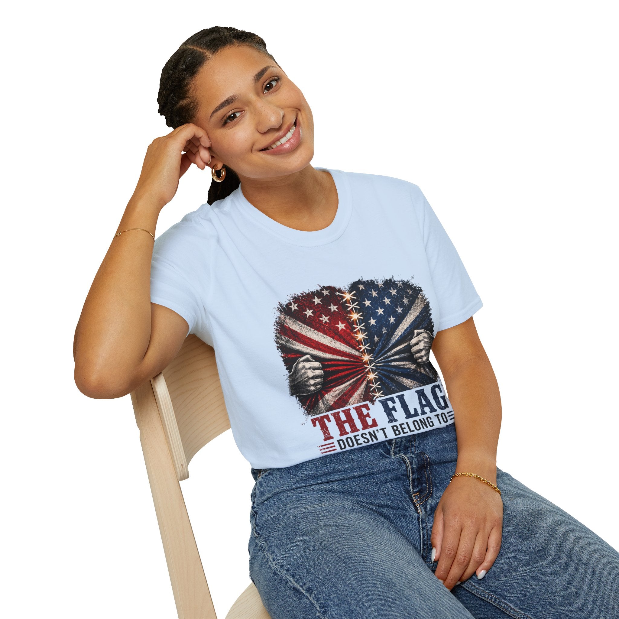 T-Shirt — "The Flag Doesn't Belong to One Side" Distressed American Flag Graphic