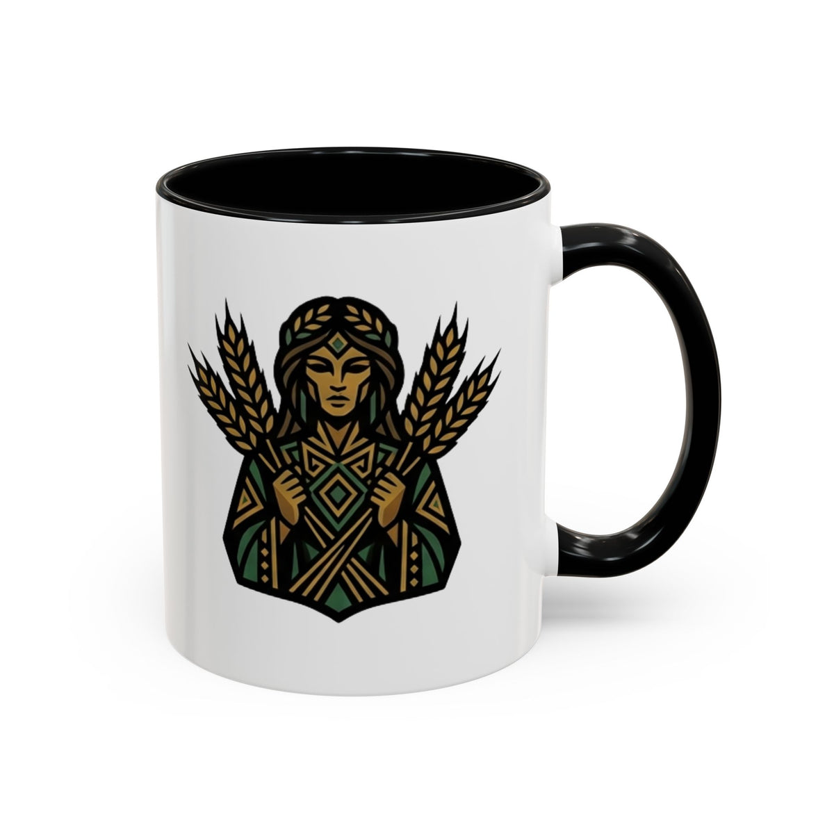 Virgo Zodiac Harvest Goddess Accent Coffee Mug — Rustic Wheat & Earthy Green Tribal Design