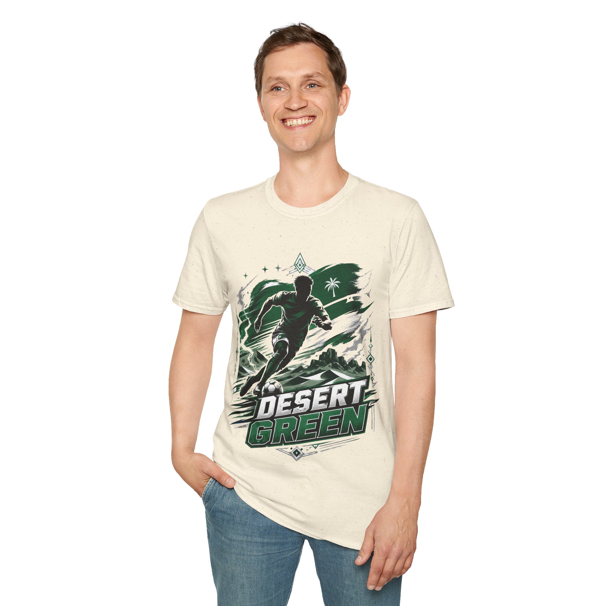 Saudi Arabia Desert Green Soccer T-Shirt — Silhouette Player Graphic