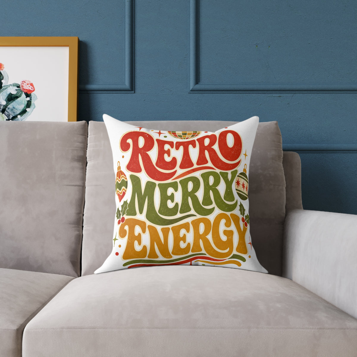 Retro Merry Energy Modern Day Christmas Pillow — Vintage Holiday Throw Pillow with Festive Typography