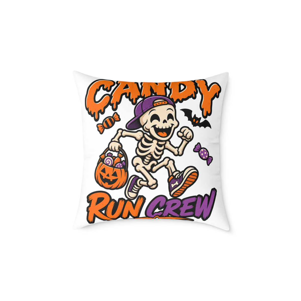 Candy Run Crew Halloween Pillow — Skeleton Trick-or-Treat Decorative Throw Pillow