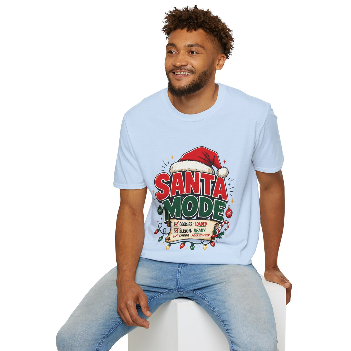 Santa Mode T-Shirt — Holiday Christmas Graphic Tee with Santa Hat