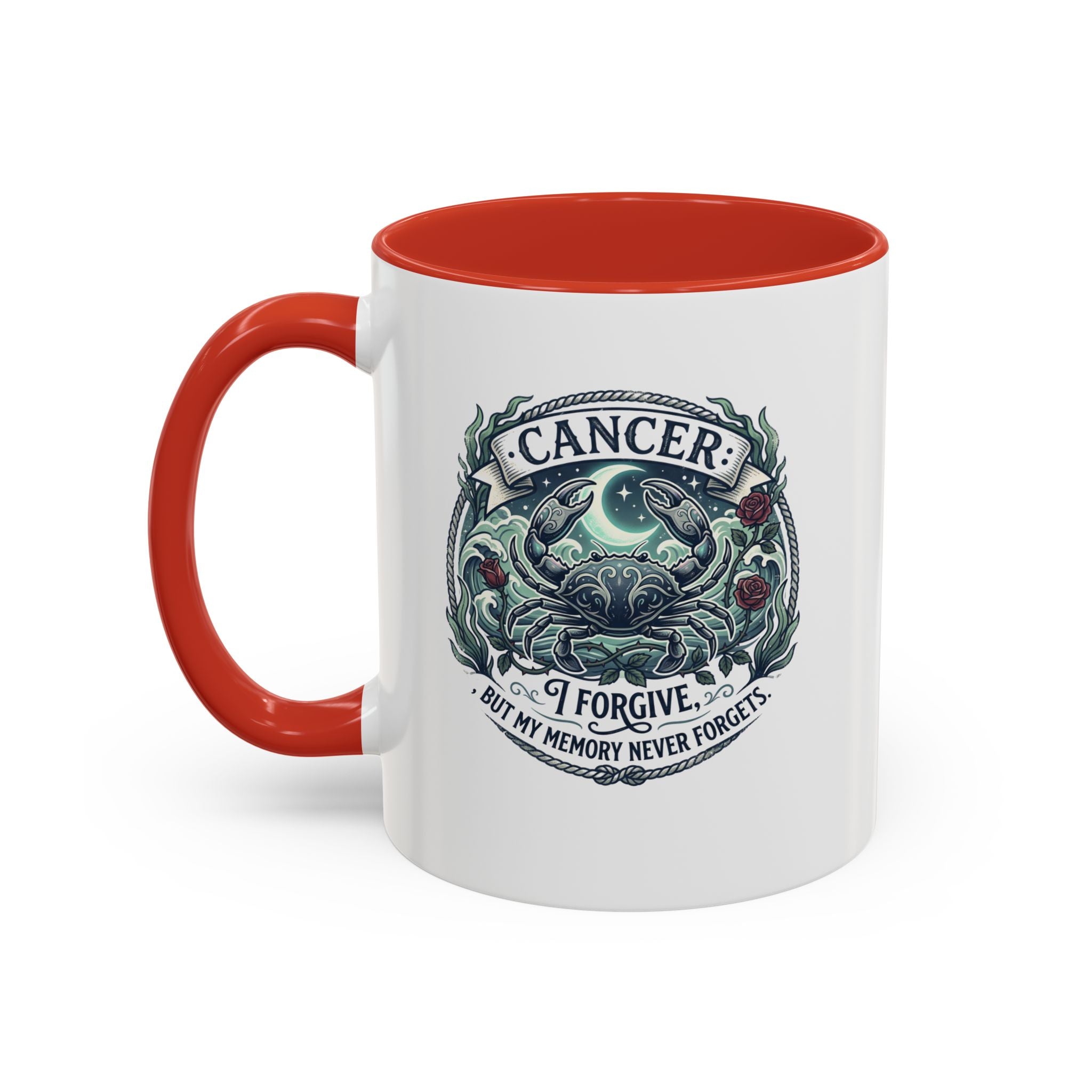 Cancer Zodiac Accent Coffee Mug — 'I Forgive But My Memory Never Forgets' Horoscope Gift