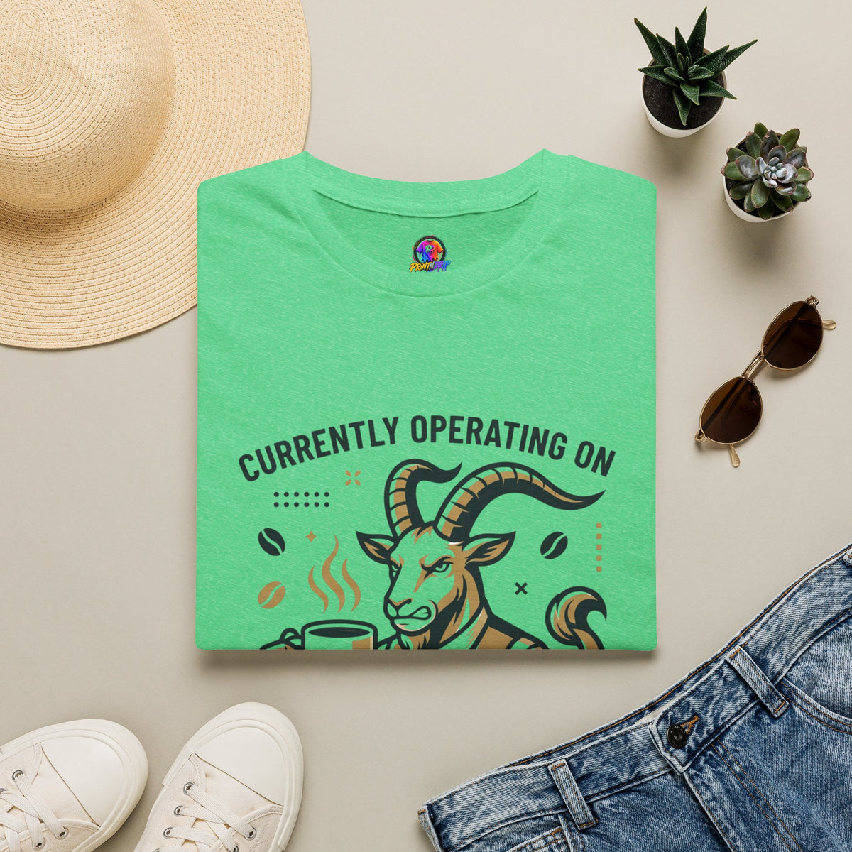 Capricorn T-Shirt — "Currently Operating on Caffeine and Spite" Zodiac Goat Tee