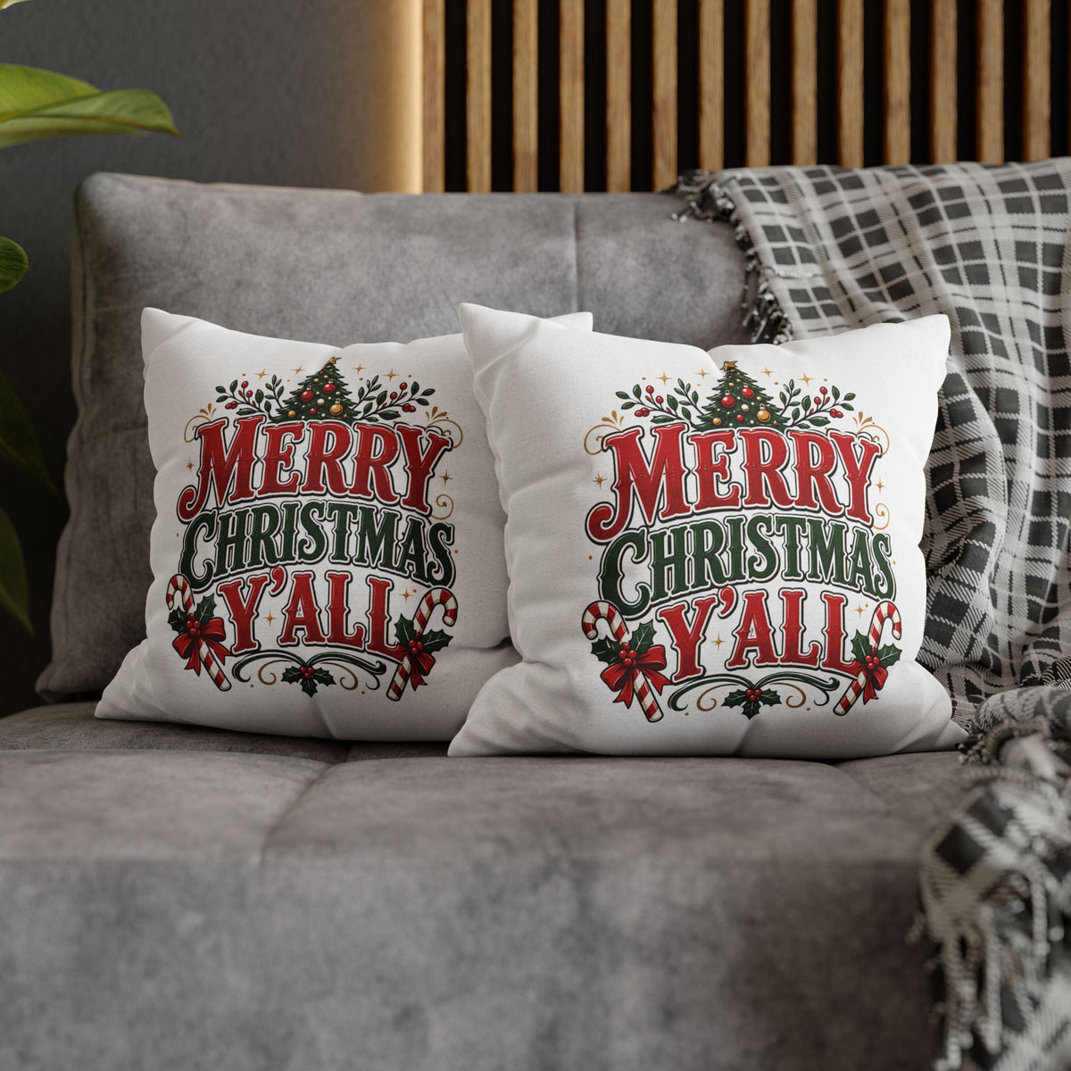Christmas Square Pillowcase — Merry Christmas Y'all Holiday Decorative Pillow
