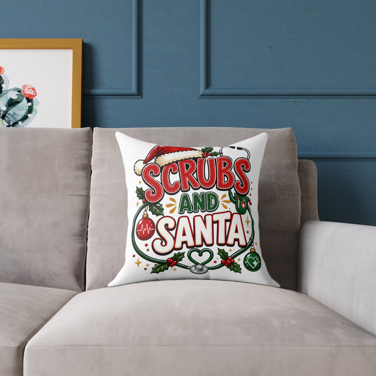 Christmas Square Pillow — Scrubs and Santa Christmas Cushion for Nurses