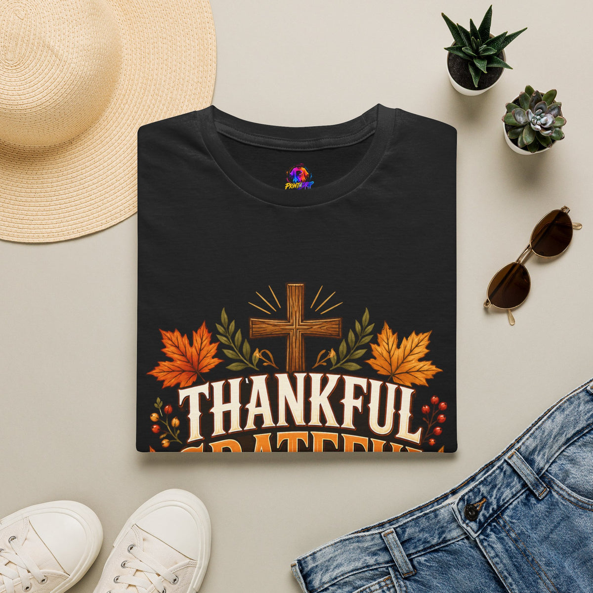 Thanksgiving T-Shirt Thankful Grateful Blessed T-Shirt — Fall Thanksgiving Christian Tee