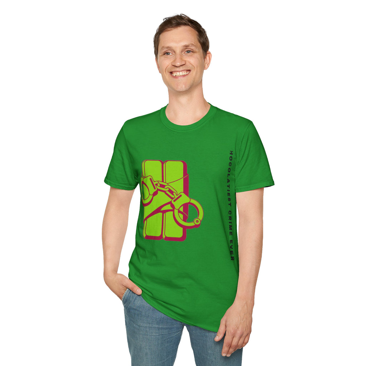Chocolateie Graphic T‑Shirt — Green Candy Bar with Handcuffs Design - Trending Now - September 2026