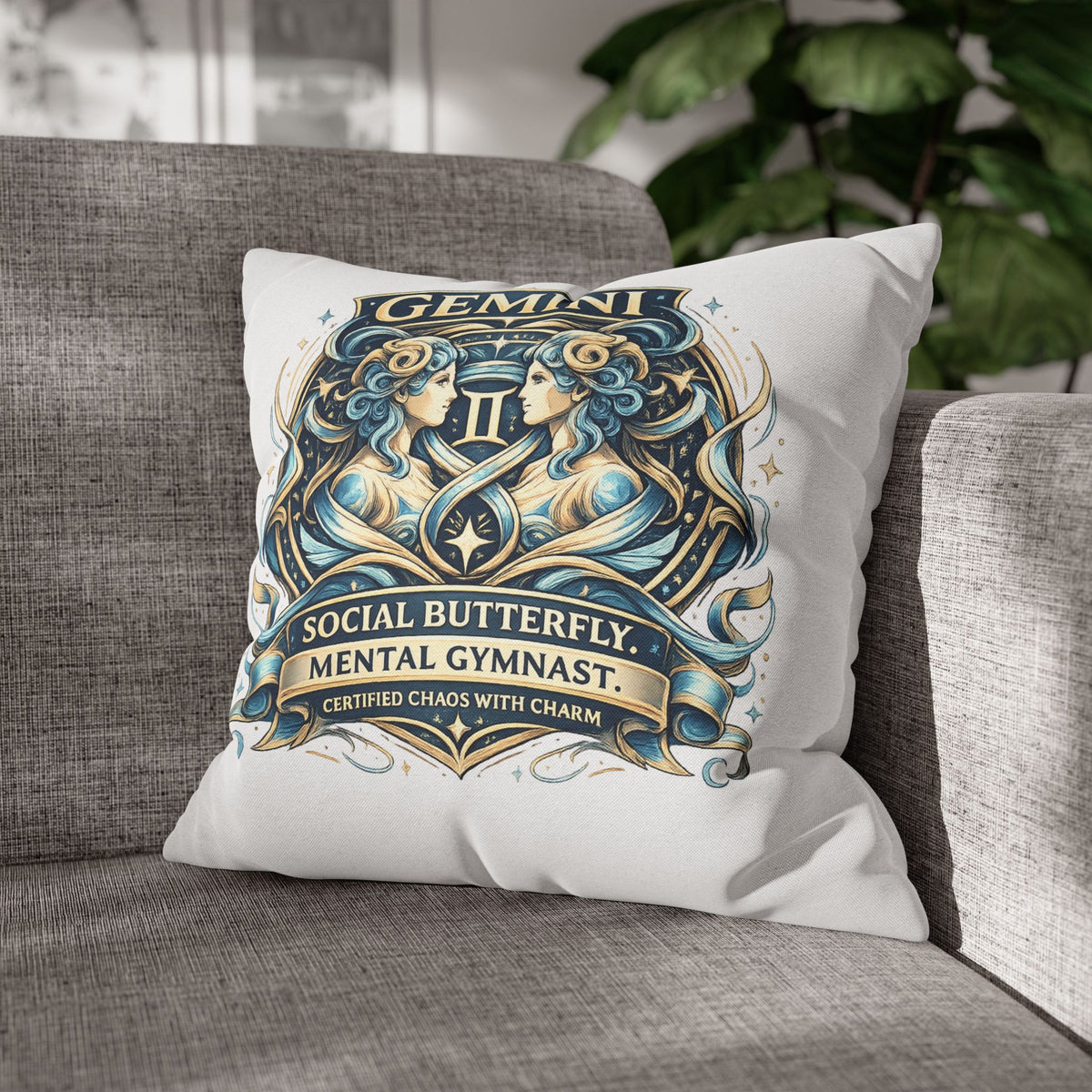 Gemini Zodiac Pillowcase — "Social Butterfly, Mental Gymnast" Decorative Throw Pillow
