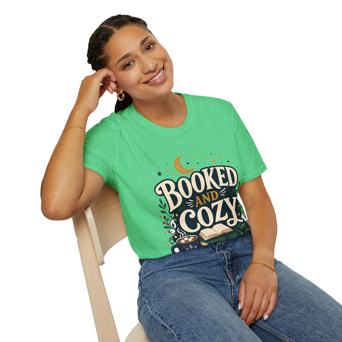 Booked and Cozy T-Shirt — Cozy Reading Graphic Tee (Books, Moon & Stars)