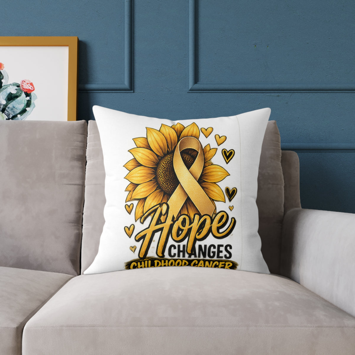 Childhood Cancer Awareness Pillow — 'Hope Changes' Sunflower Ribbon Square Throw Pillow