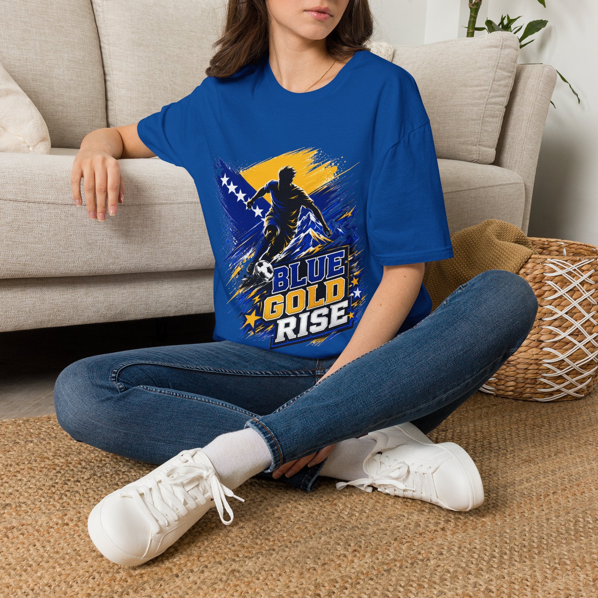 Bosnia Football T‑Shirt - "Blue Gold Rise" Soccer Graphic Tee