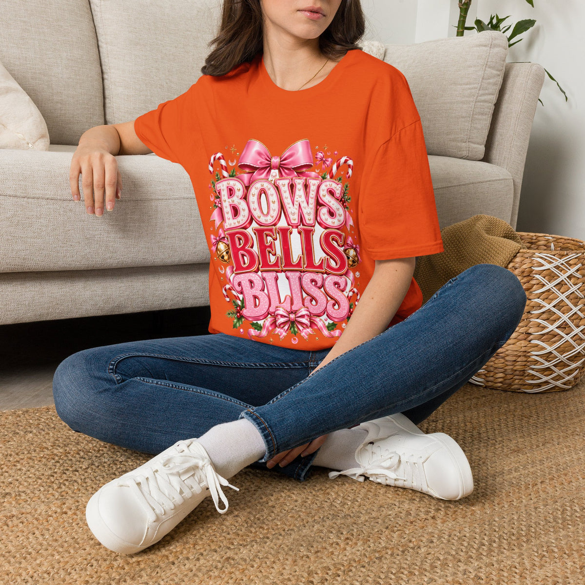 Bows Bells Bliss Christmas T‑Shirt — Pink Holiday Bow Graphic