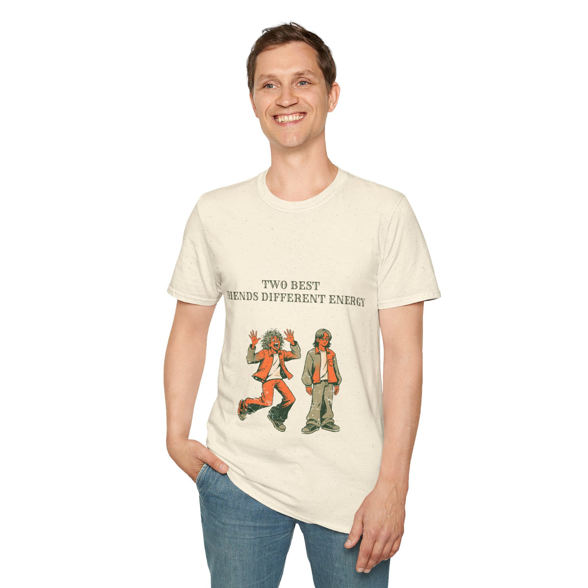 "Two Best Friends Different Energy" Retro Character Tee - Funny Bestie Meme White T-Shirt - Trending Now - September 2026