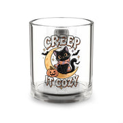 Creep It Cozy Glass Mug — Halloween Black Cat, Pumpkin & Moon 10oz