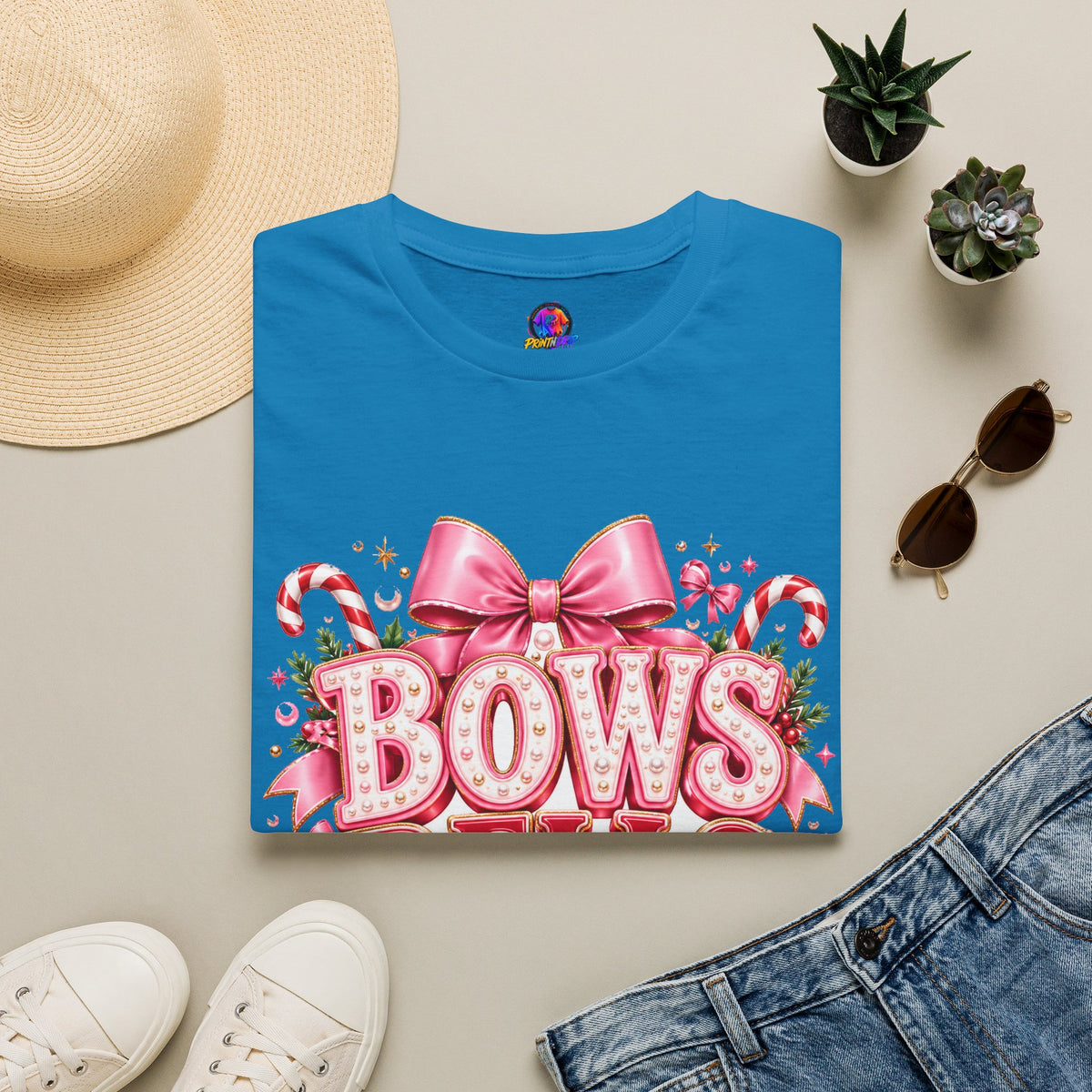 Bows Bells Bliss Christmas T‑Shirt — Pink Holiday Bow Graphic