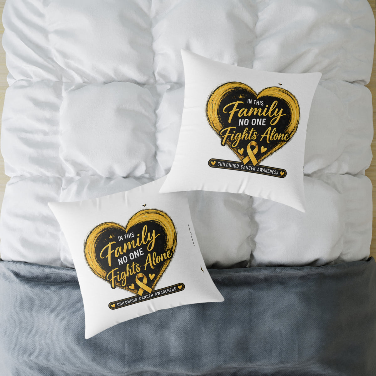 Childhood Cancer Awareness Pillow — "In This Family No One Fights Alone" Square Throw Pillow