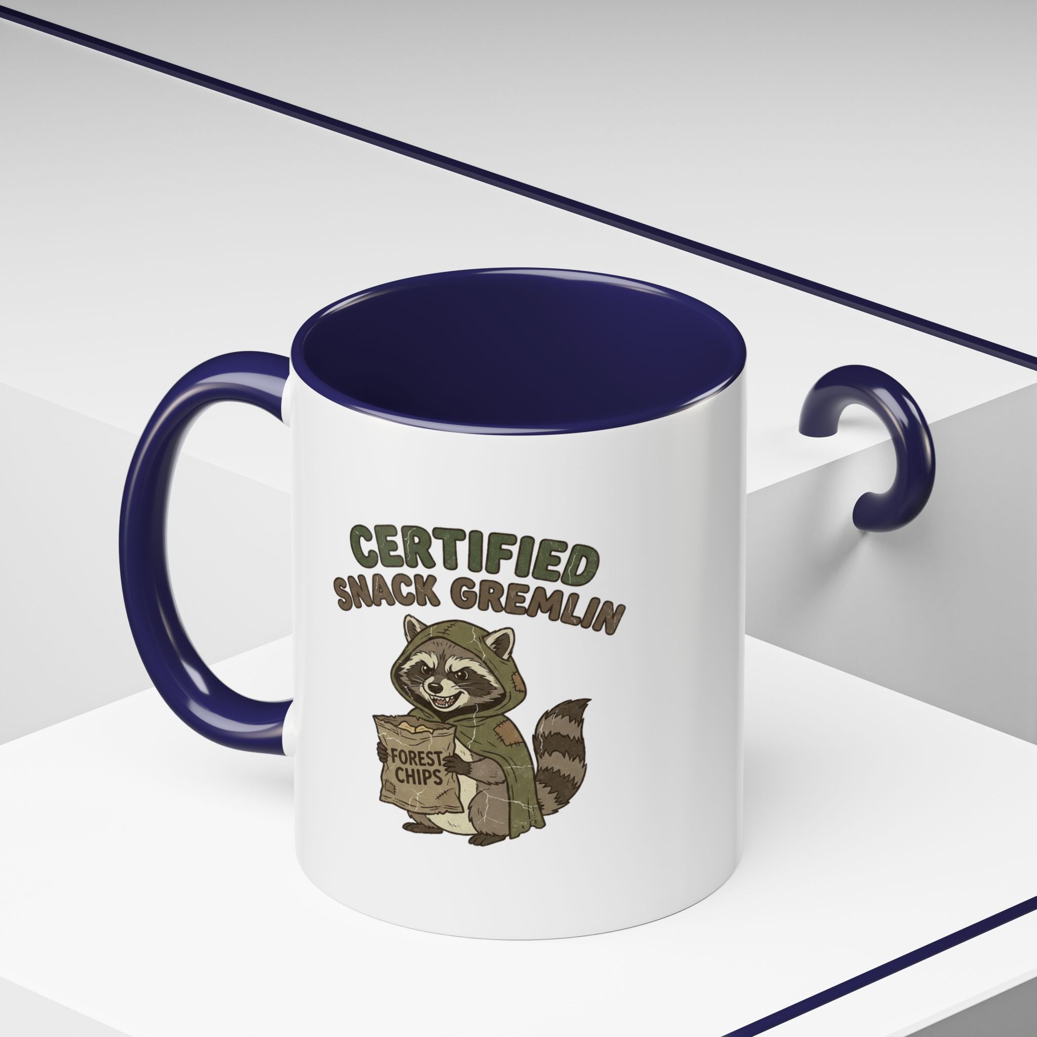 Funny Certified Snack Gremlin Coffee Mug — Cute Raccoon Snack Lover Accent Mug