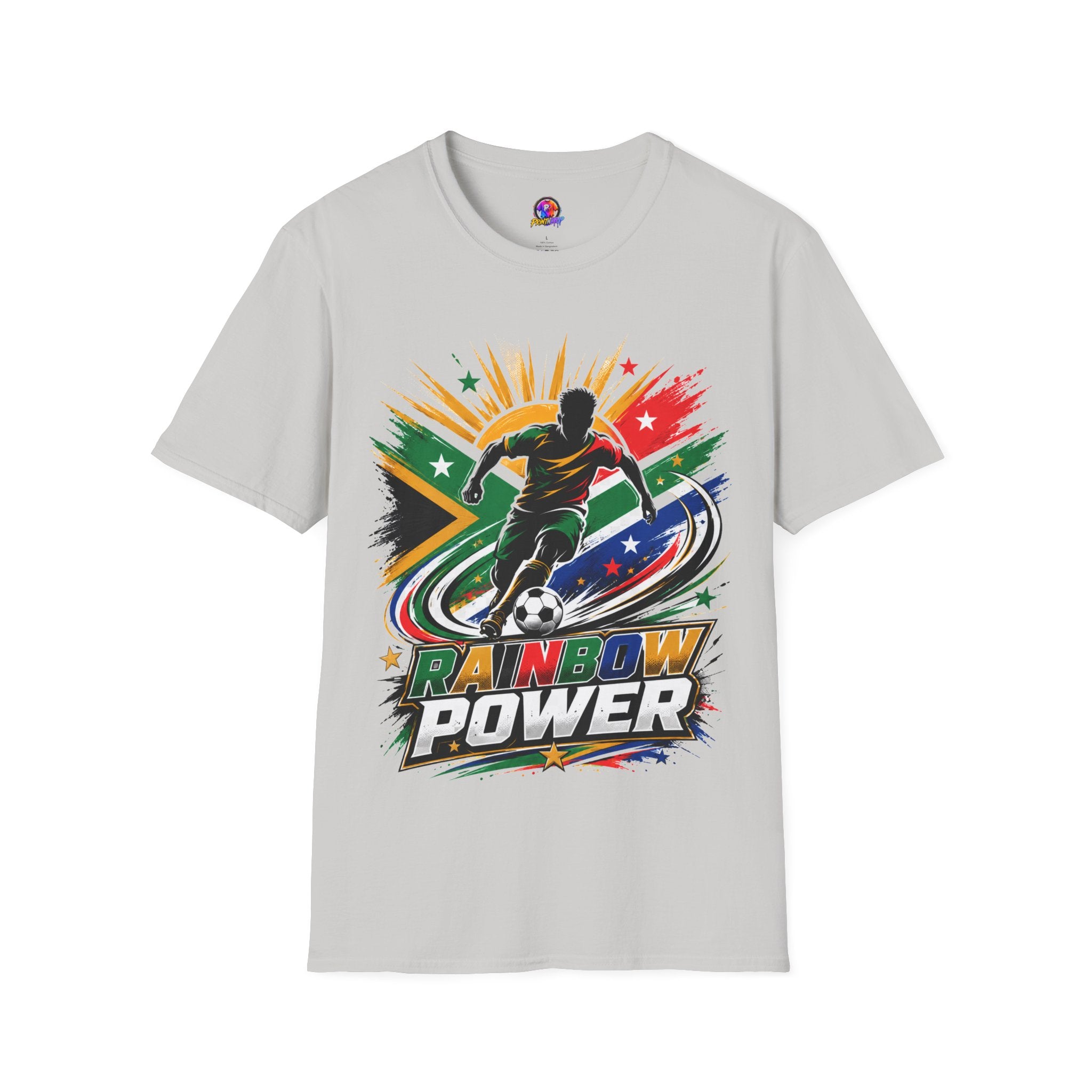 South Africa Soccer Rainbow Power T-Shirt — Colorful Football Player Graphic Tee