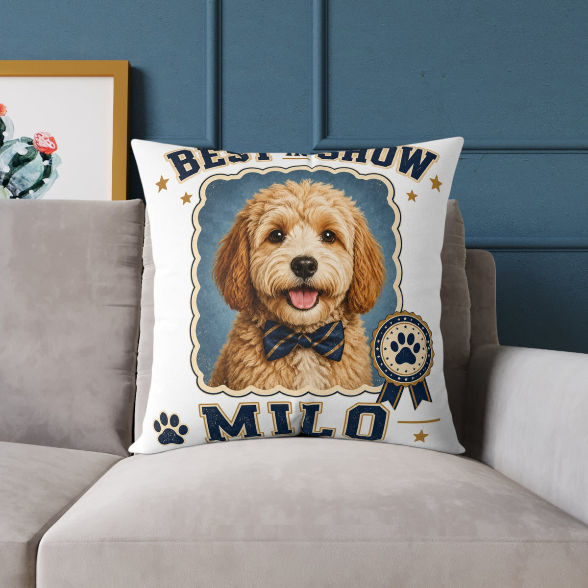 Milo Bailey Dog Dad Mom Square Pillow — 'Best in Show' Personalized Dog Portrait (Milo)