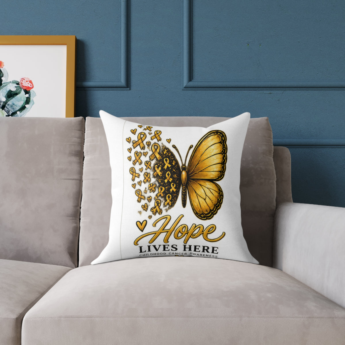 Childhood Cancer Hope Lives Here Butterfly Pillow — Gold Awareness Ribbon Accent