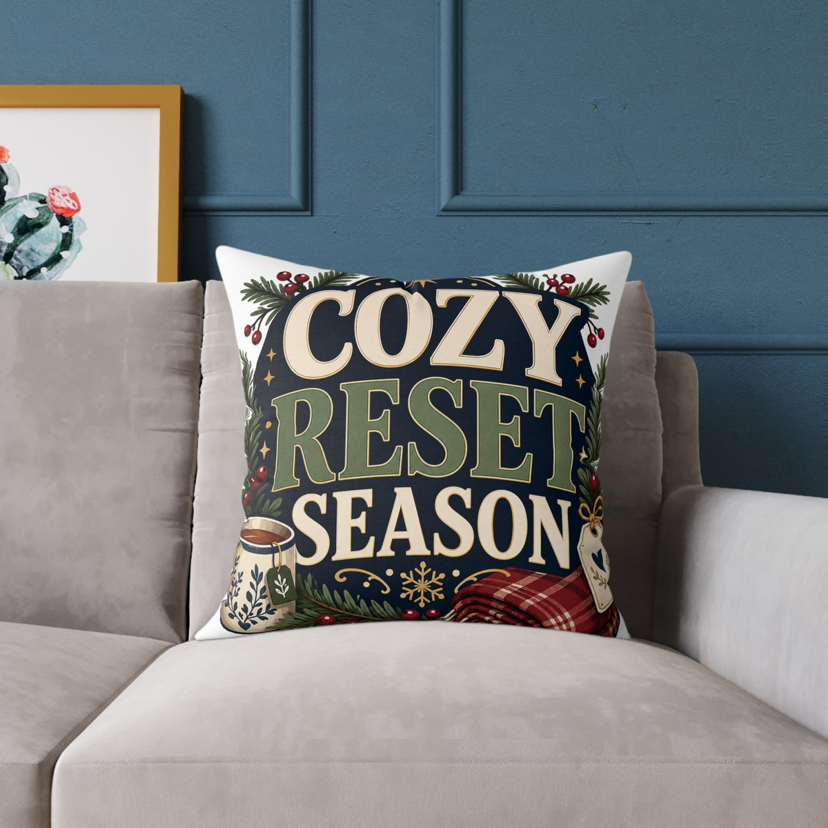 Modern Day Christmas Cozy Reset Season Square Poly Canvas Pillow