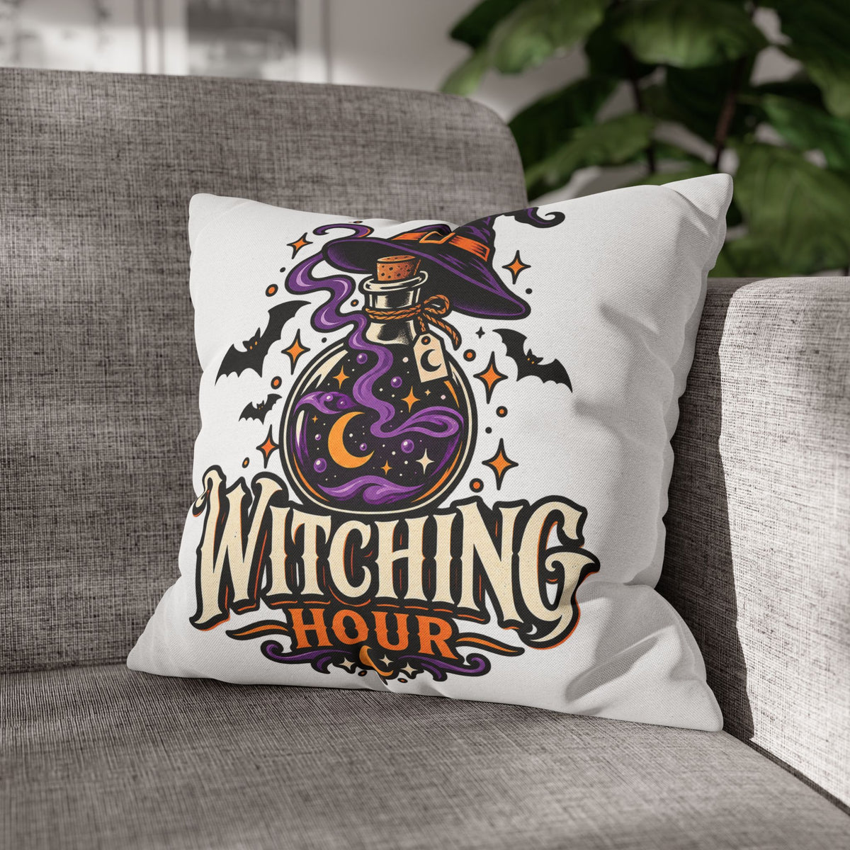 Witching Hour Square Pillowcase – Halloween Potion Witch Hat Throw Pillow Cover