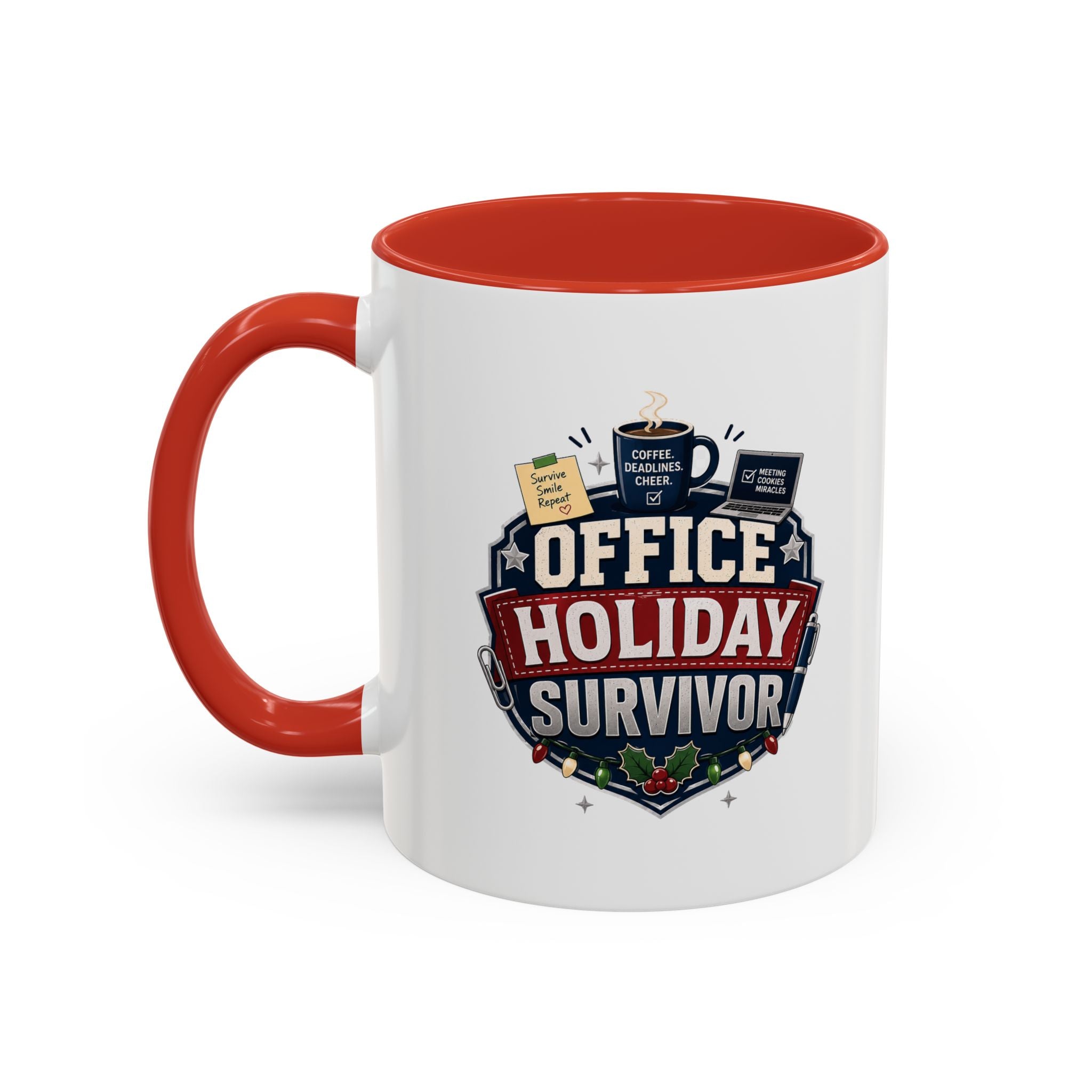Modern Day Christmas Office Holiday Survivor Accent Coffee Mug – Funny Christmas Office Gift