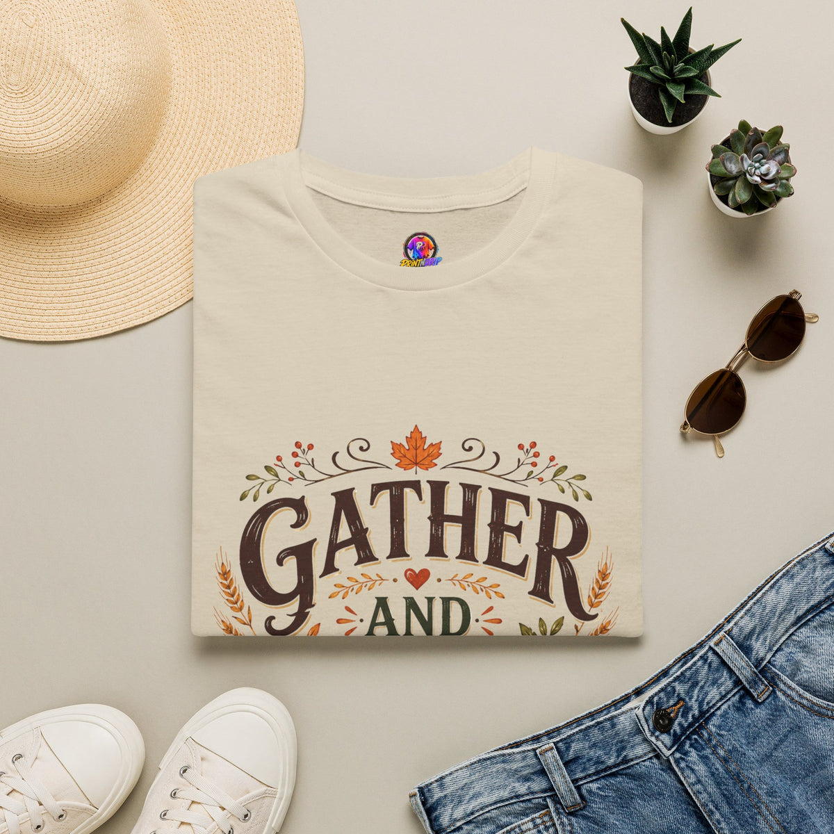 Thanksgiving T-Shirt Gather and Give Thanks T-Shirt — Thanksgiving Fall Holiday Tee