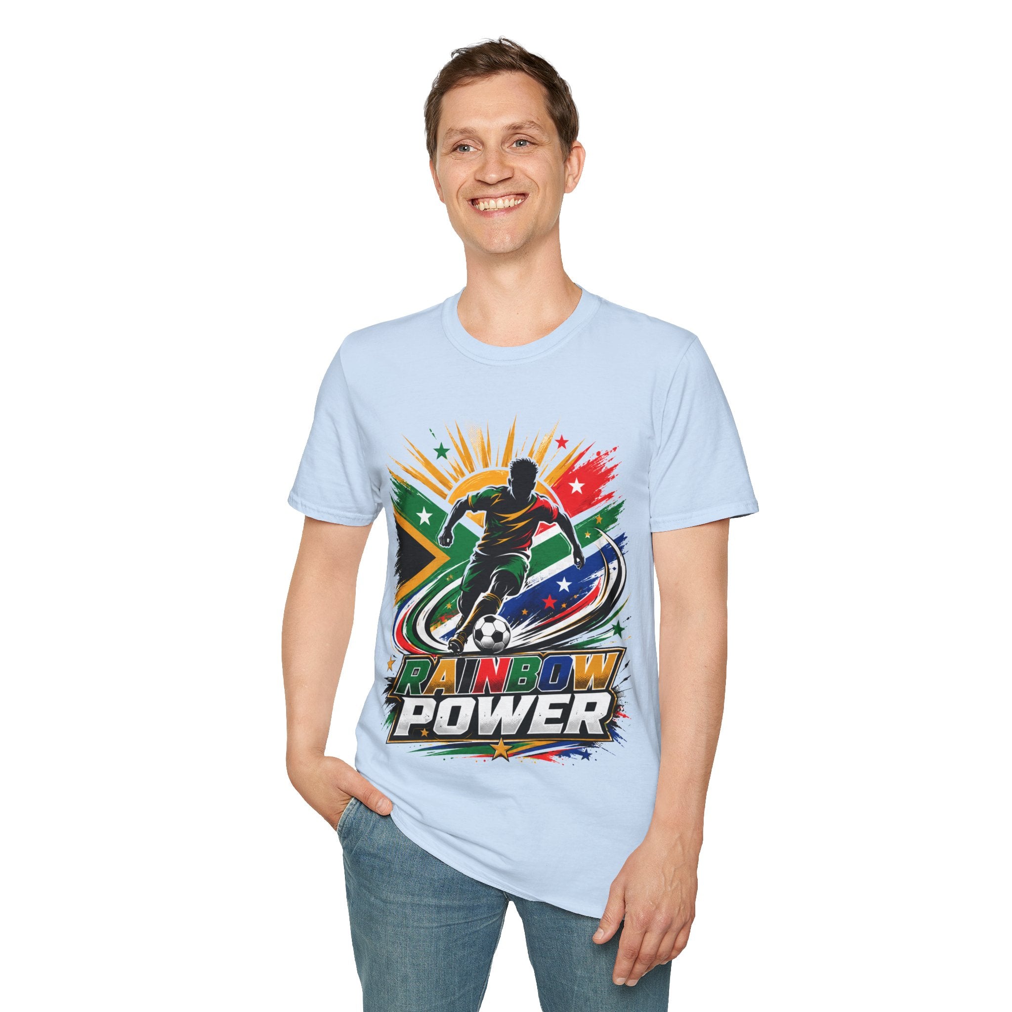 South Africa Soccer Rainbow Power T-Shirt — Colorful Football Player Graphic Tee