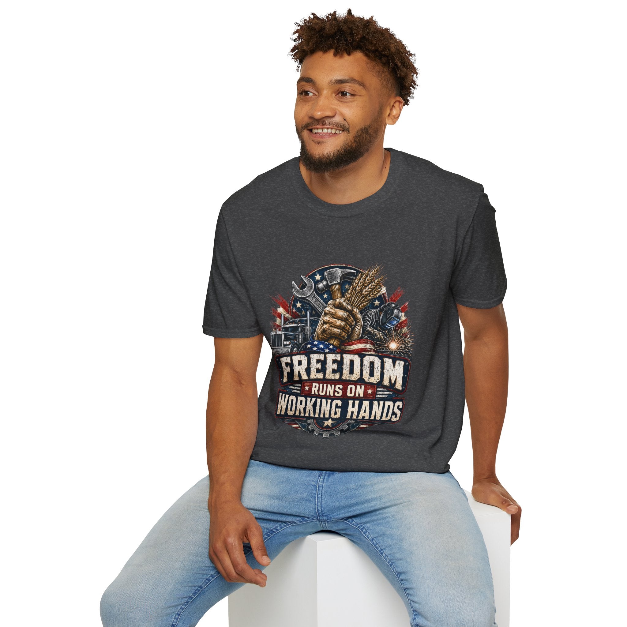 Freedom Runs on Working Hands T-Shirt — Patriotic Mechanic Tool & Wheat Design