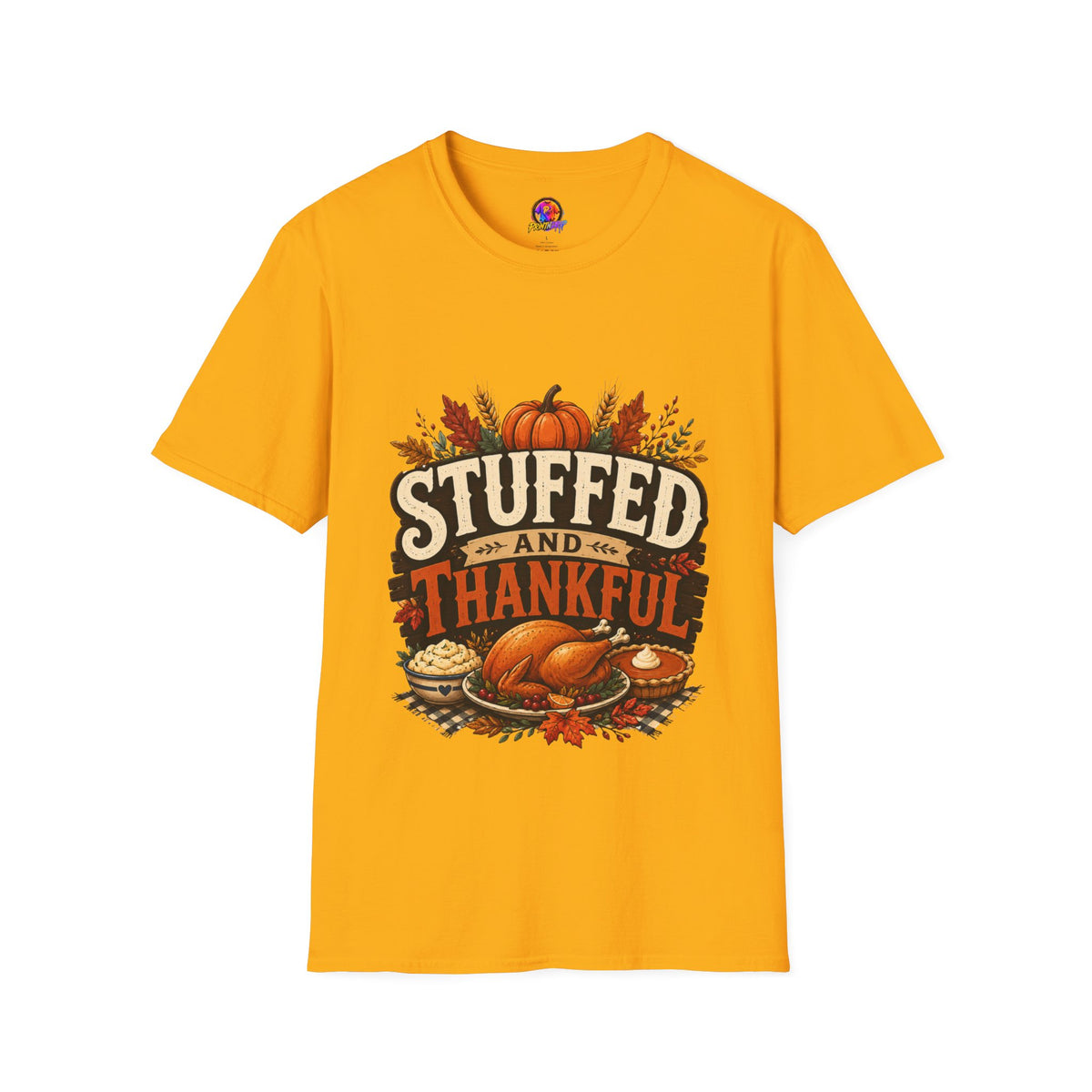 Thanksgiving T-Shirt Stuffed and Thankful T-Shirt — Thanksgiving Pumpkin Fall Graphic Tee