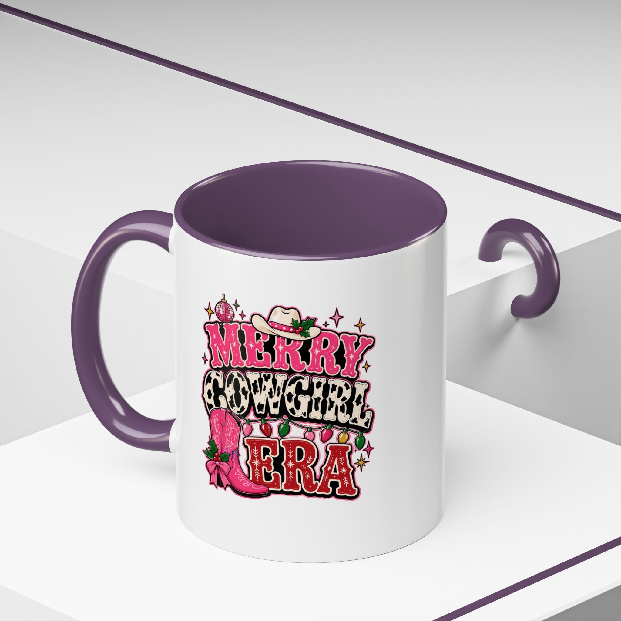 Modern Day Christmas Merry Cowgirl Era Accent Coffee Mug — Festive Pink Western Cowboy Boots & Hat Mug