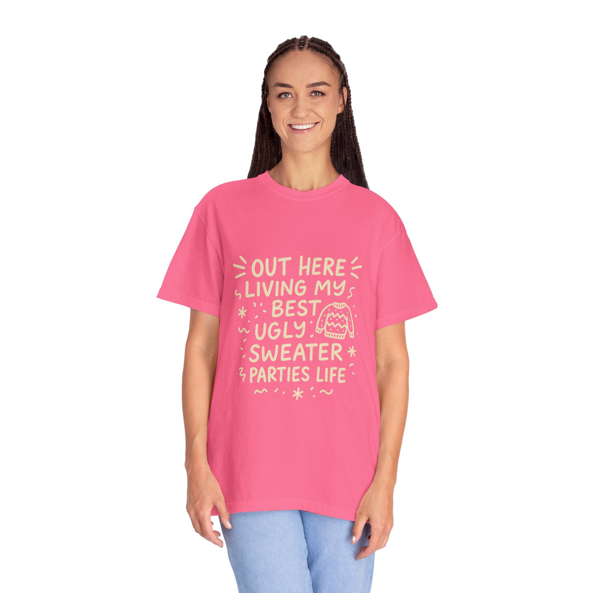 Out Here Living My Best Ugly Sweater Parties Life T-Shirt - Trending Now - October 2026