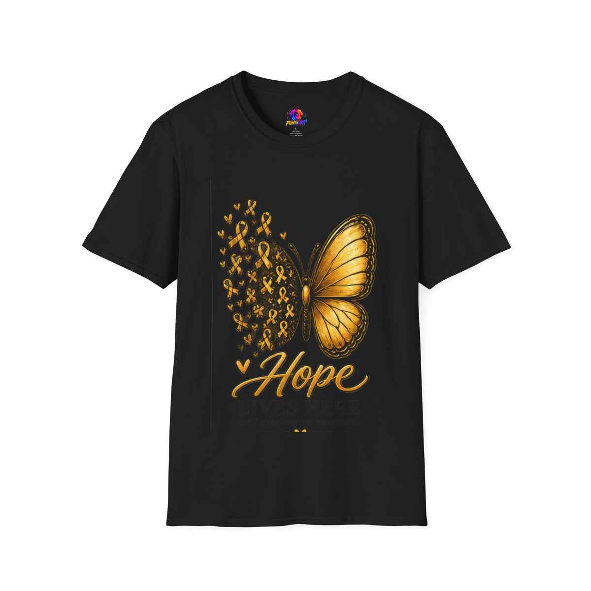 Hope Lives Here Gold Ribbon Butterfly Childhood Cancer Awareness T-Shirt