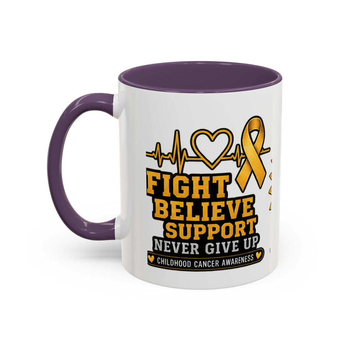 Childhood Cancer Awareness Accent Coffee Mug — "Fight Believe Support" 11/15oz