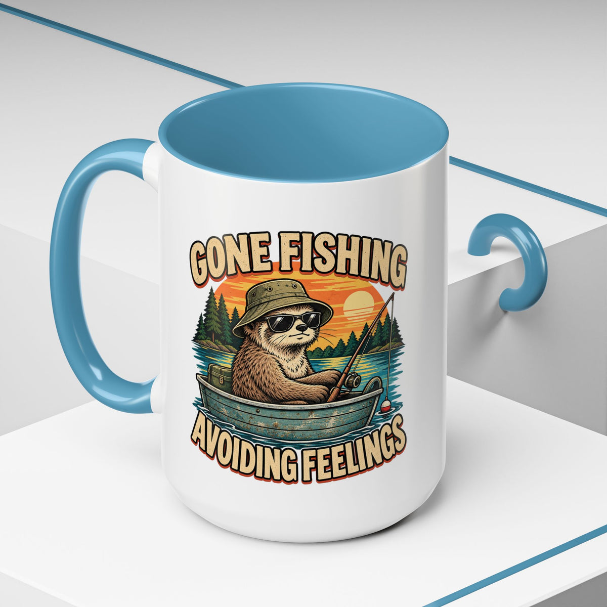 Funny And Witty "Gone Fishing Avoiding Feelings" Accent Coffee Mug (11, 15oz)