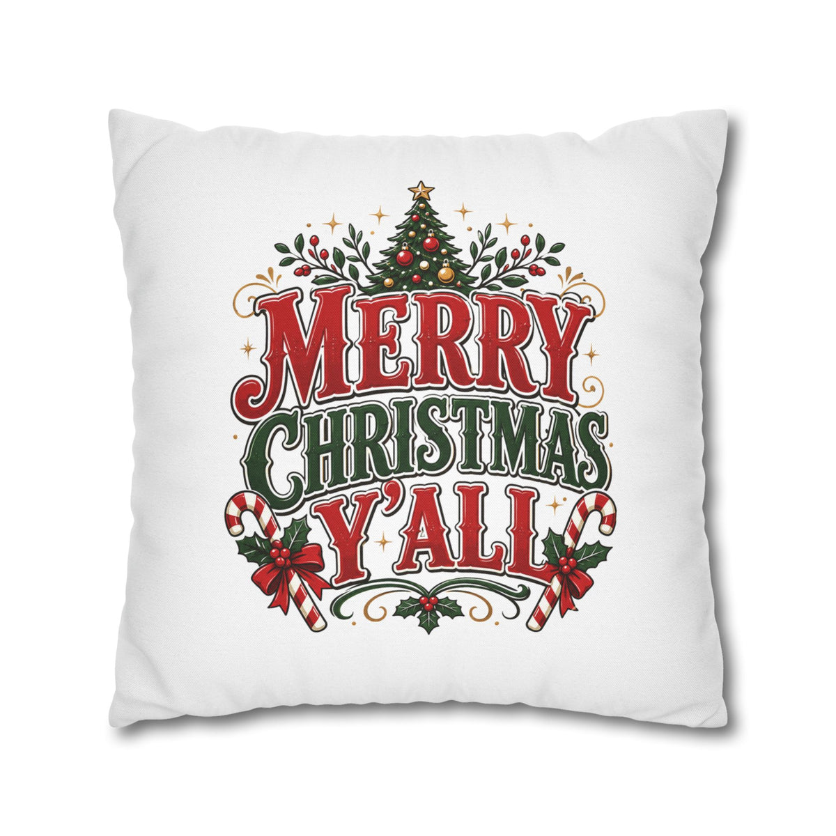 Christmas Square Pillowcase — Merry Christmas Y'all Holiday Decorative Pillow
