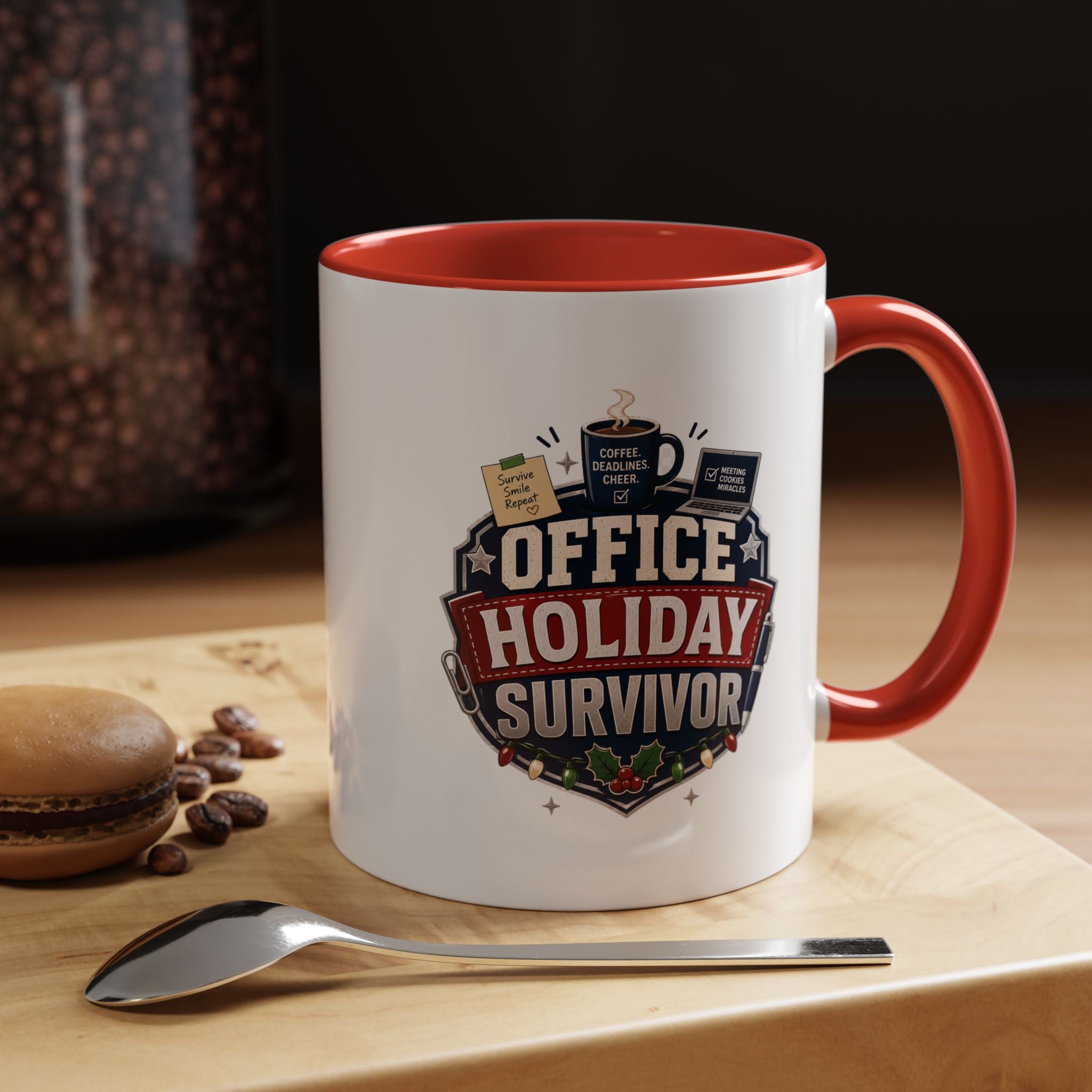 Modern Day Christmas Office Holiday Survivor Accent Coffee Mug – Funny Christmas Office Gift