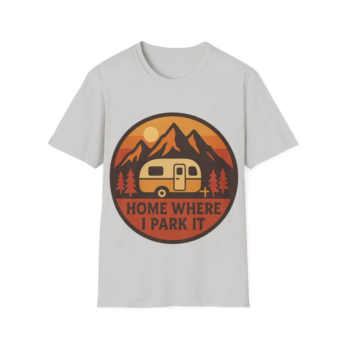 "Home Where I Park It" Vintage Camper Van Graphic Tee - Retro Sunset Mountain White T-Shirt - Trending Now - September 2026