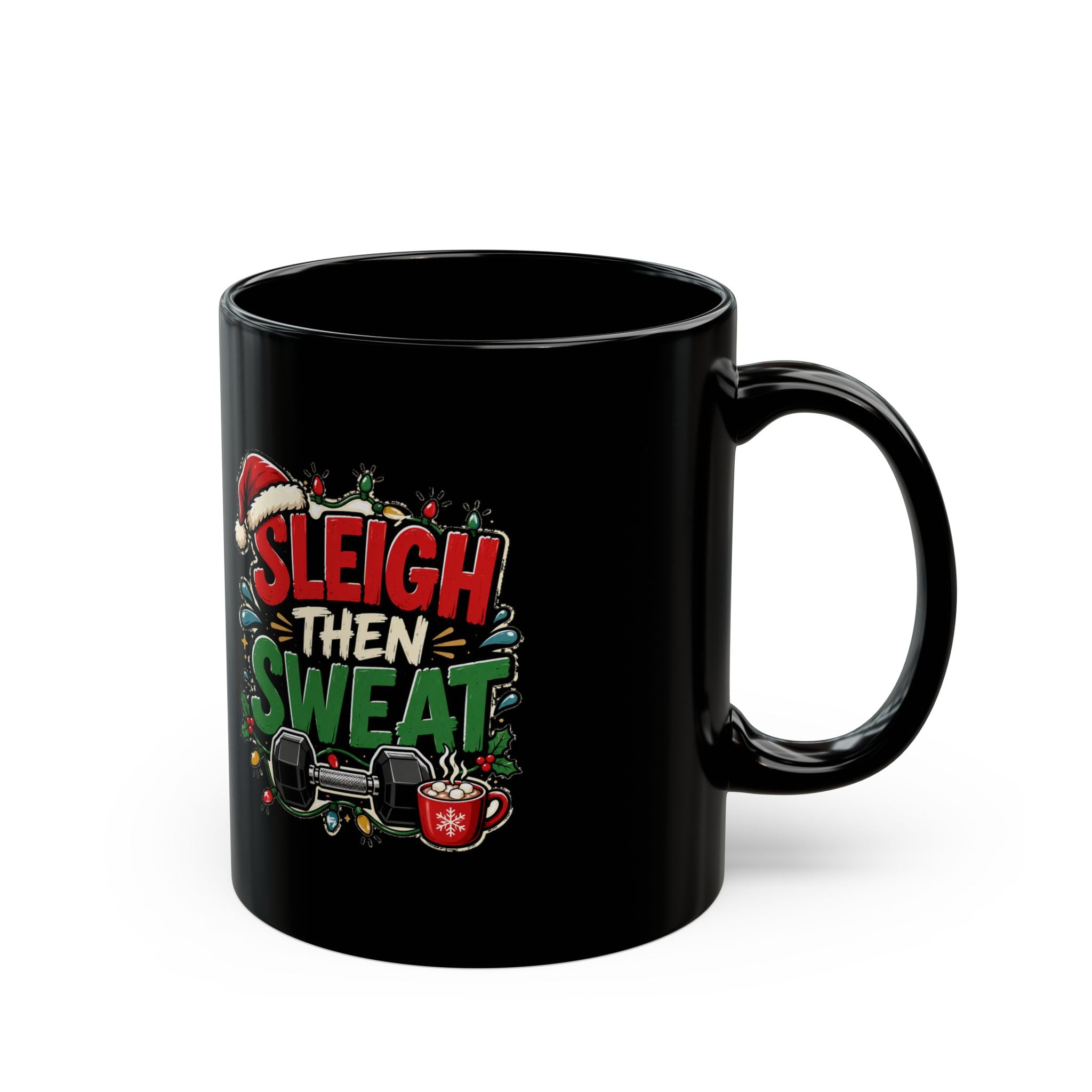 Modern Day Christmas Sleigh Then Sweat Black Mug — Christmas Fitness Coffee Cup